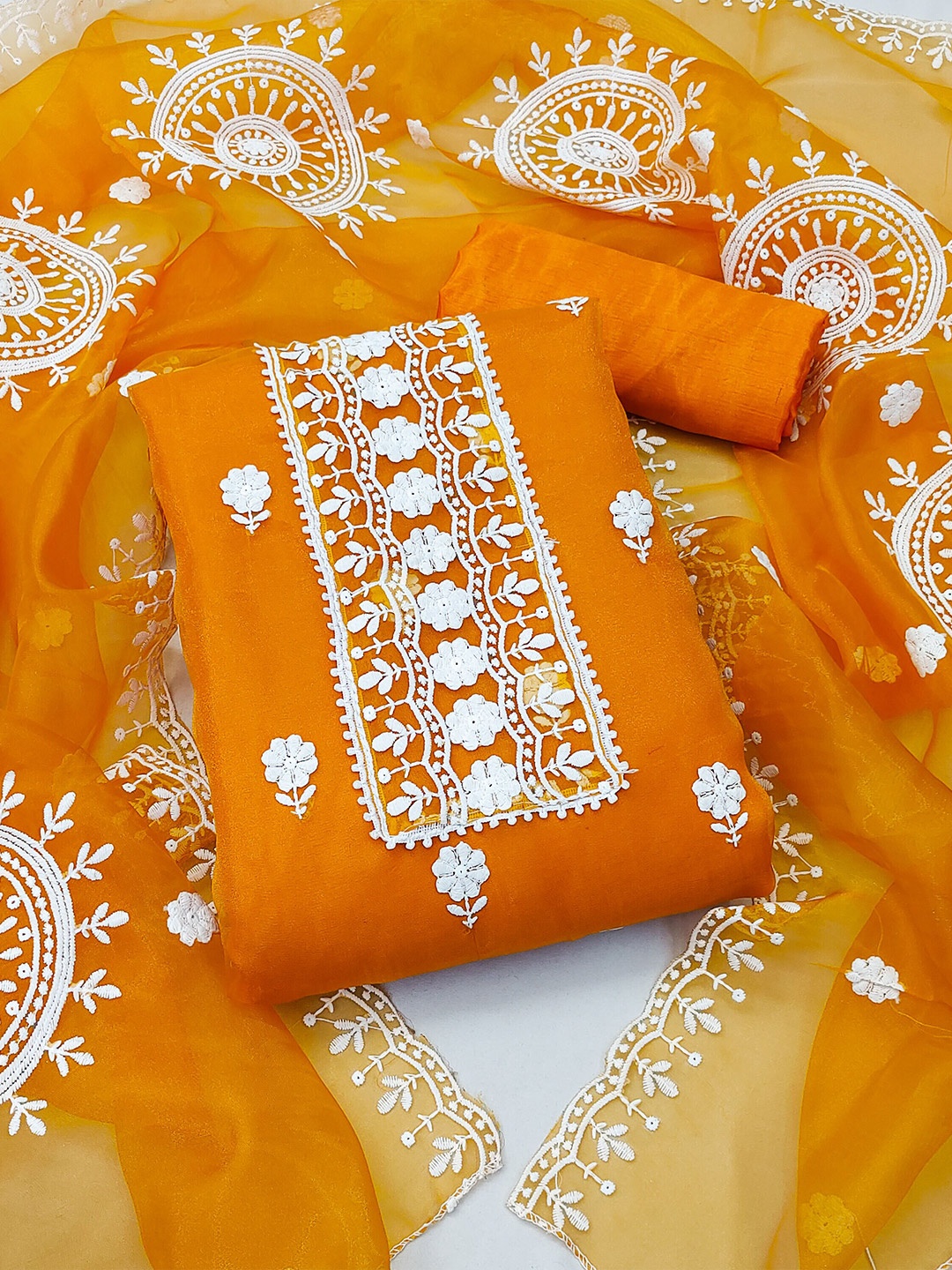 

KALINI Floral Embroidered Organza Unstitched Dress Material, Orange