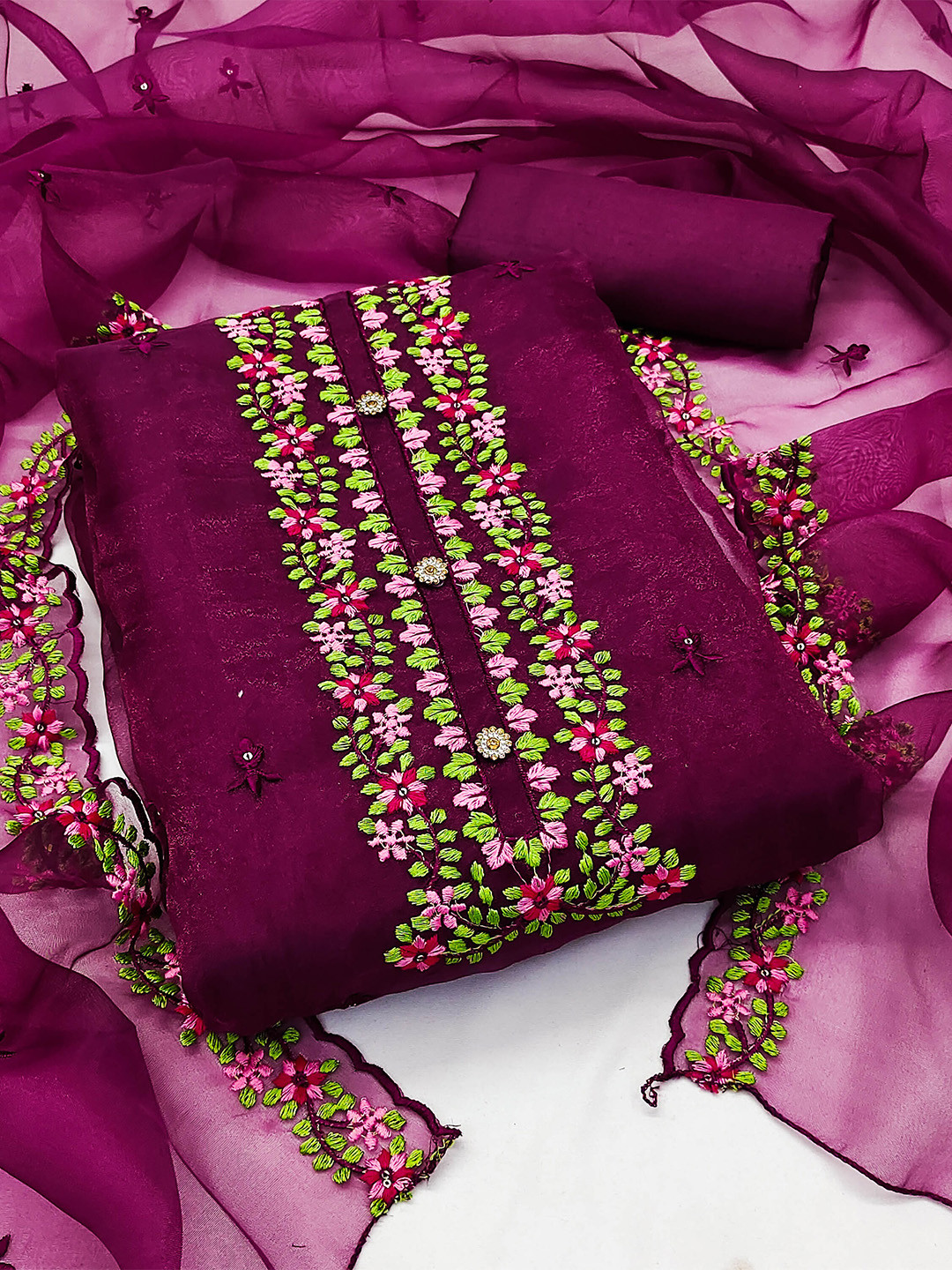 

KALINI Embroidered Unstitched Dress Material, Magenta
