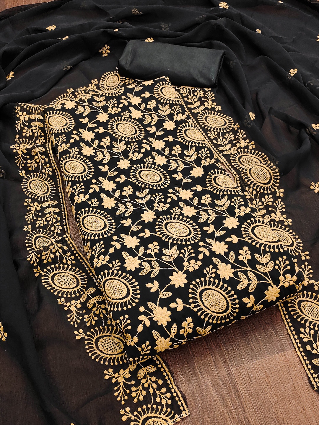 

KALINI Ethnic Motifs Embroidered Silk Georgette Unstitched Dress Material, Black