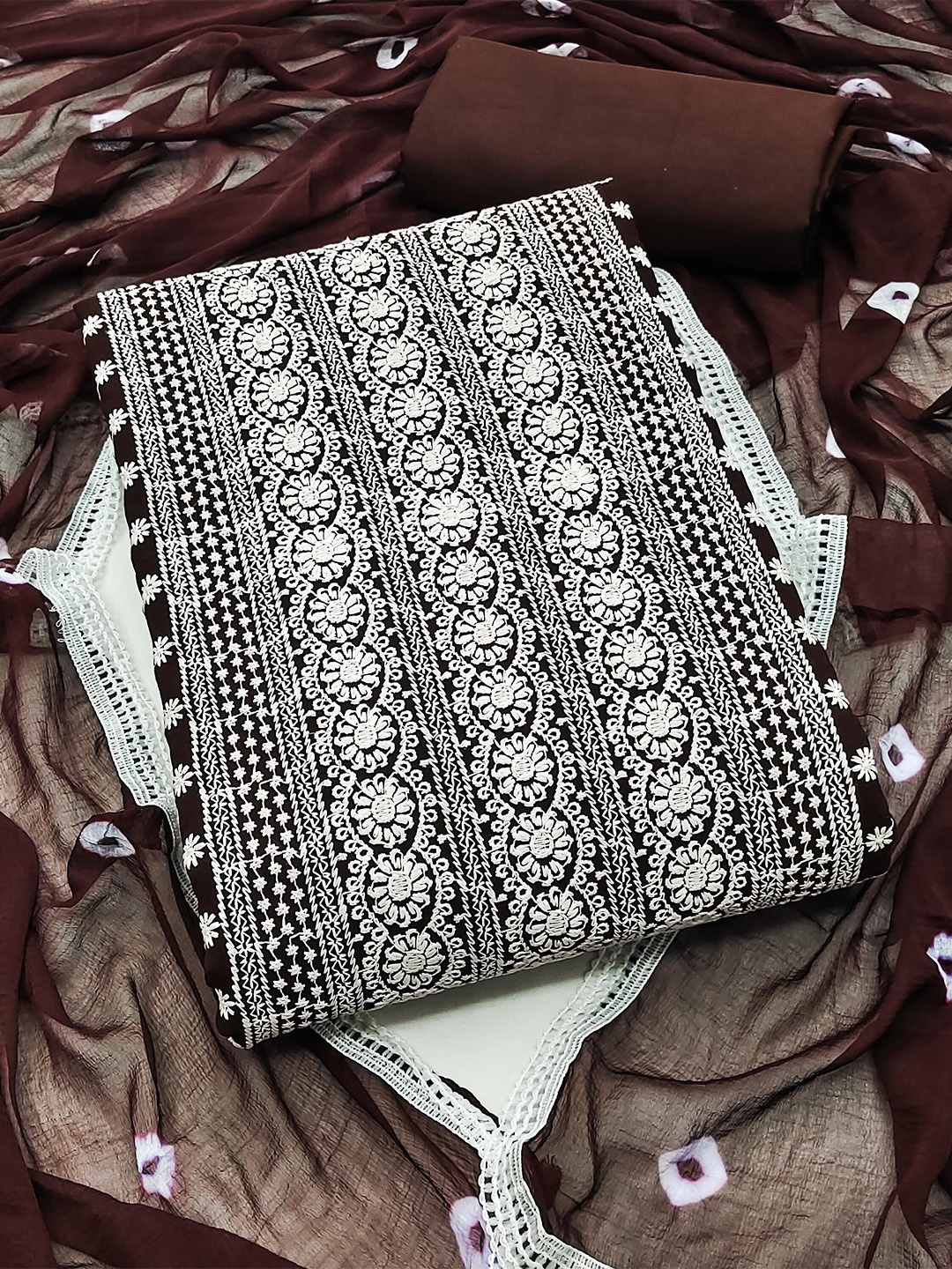 

KALINI Ethnic Motifs Embroidered Silk Georgette Unstitched Dress Material, Brown