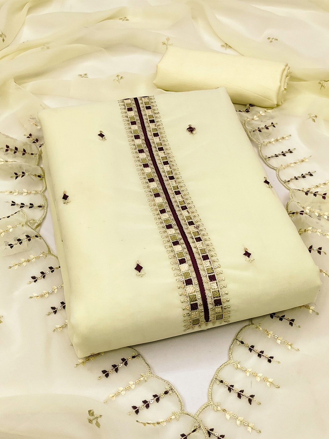 

KALINI Embroidered Unstitched Dress Material, Beige