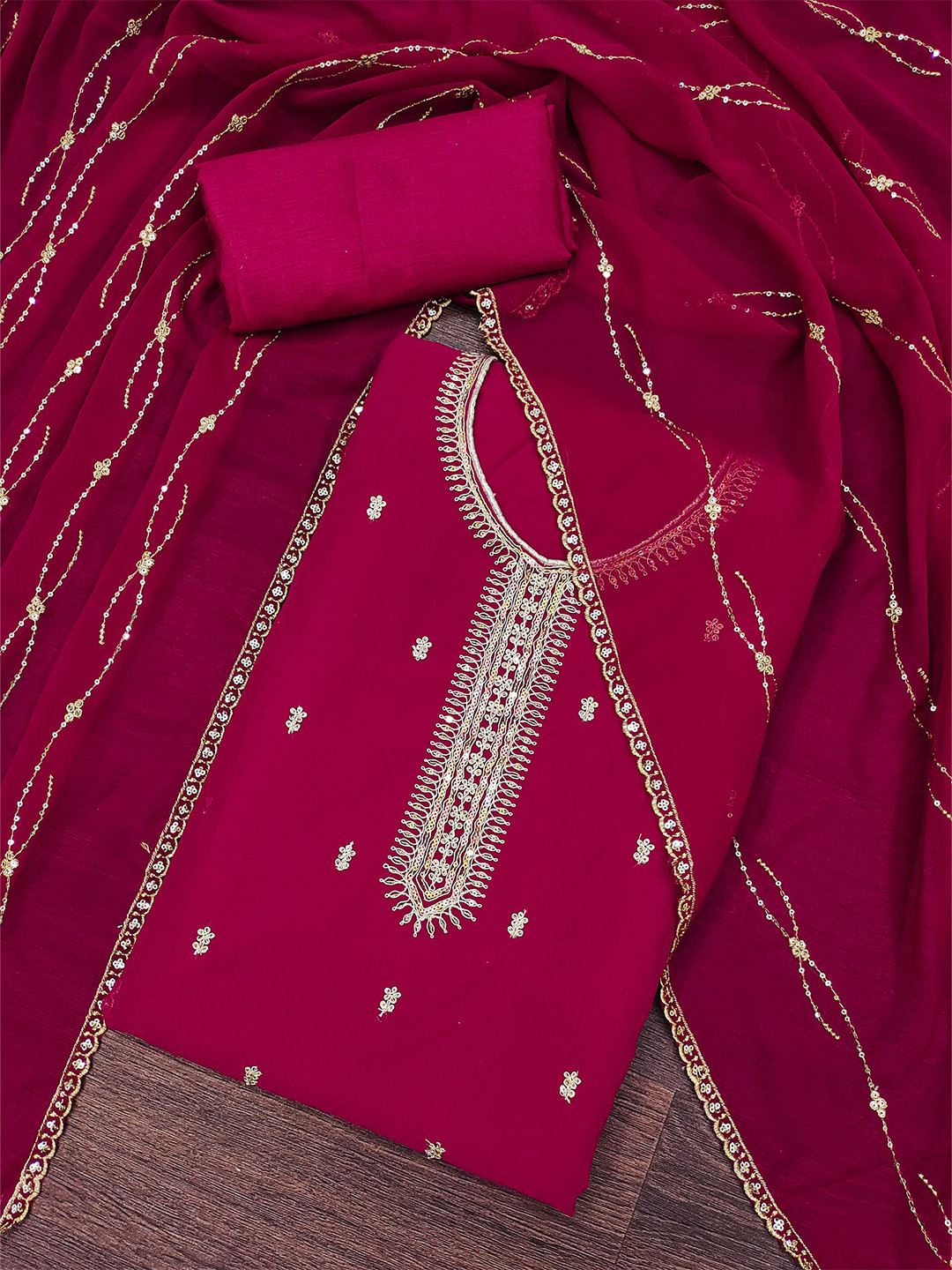 

KALINI Ethnic Motifs Embroidered Sequinned Silk Georgette Unstitched Dress Material, Magenta