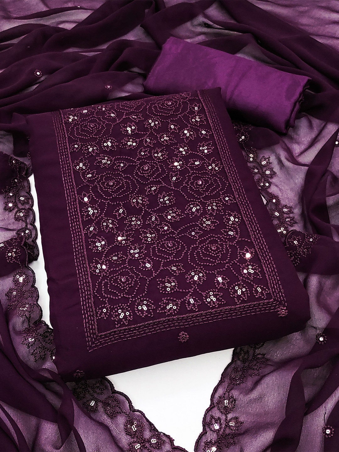 

KALINI Floral Embroidered Sequinned Silk Georgette Unstitched Dress Material, Purple