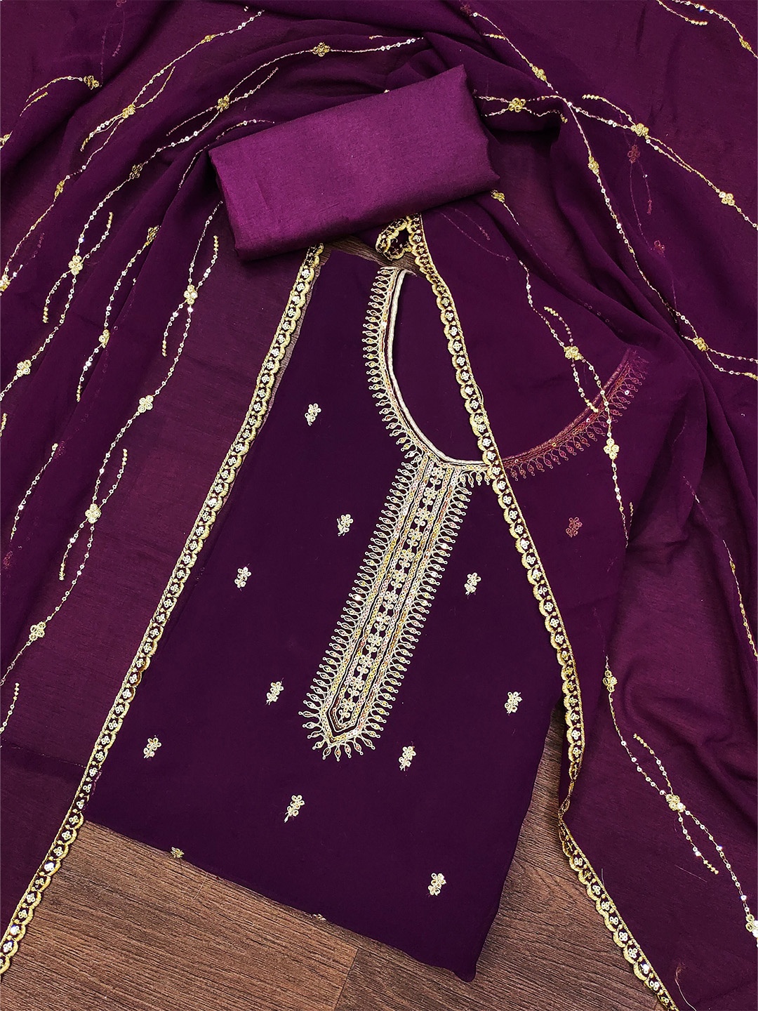 

KALINI Ethnic Embroidered Sequinned Silk Georgette Unstitched Dress Material, Purple