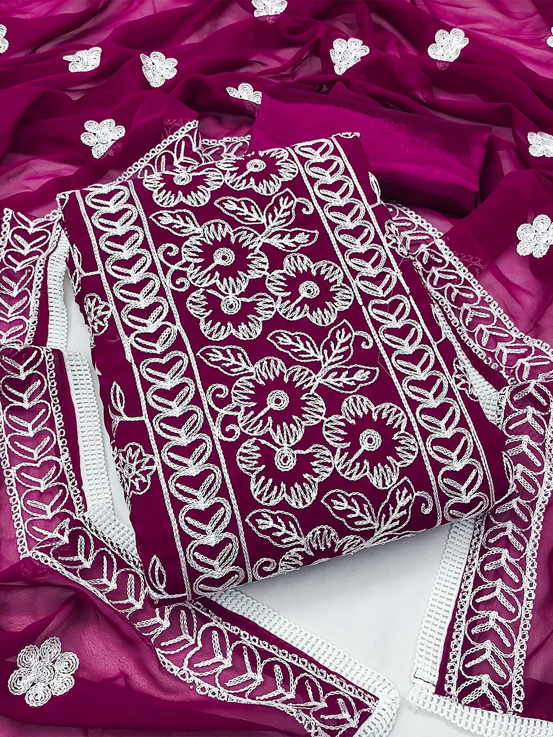 

KALINI Floral Embroidered Silk Georgette Unstitched Dress Material, Magenta