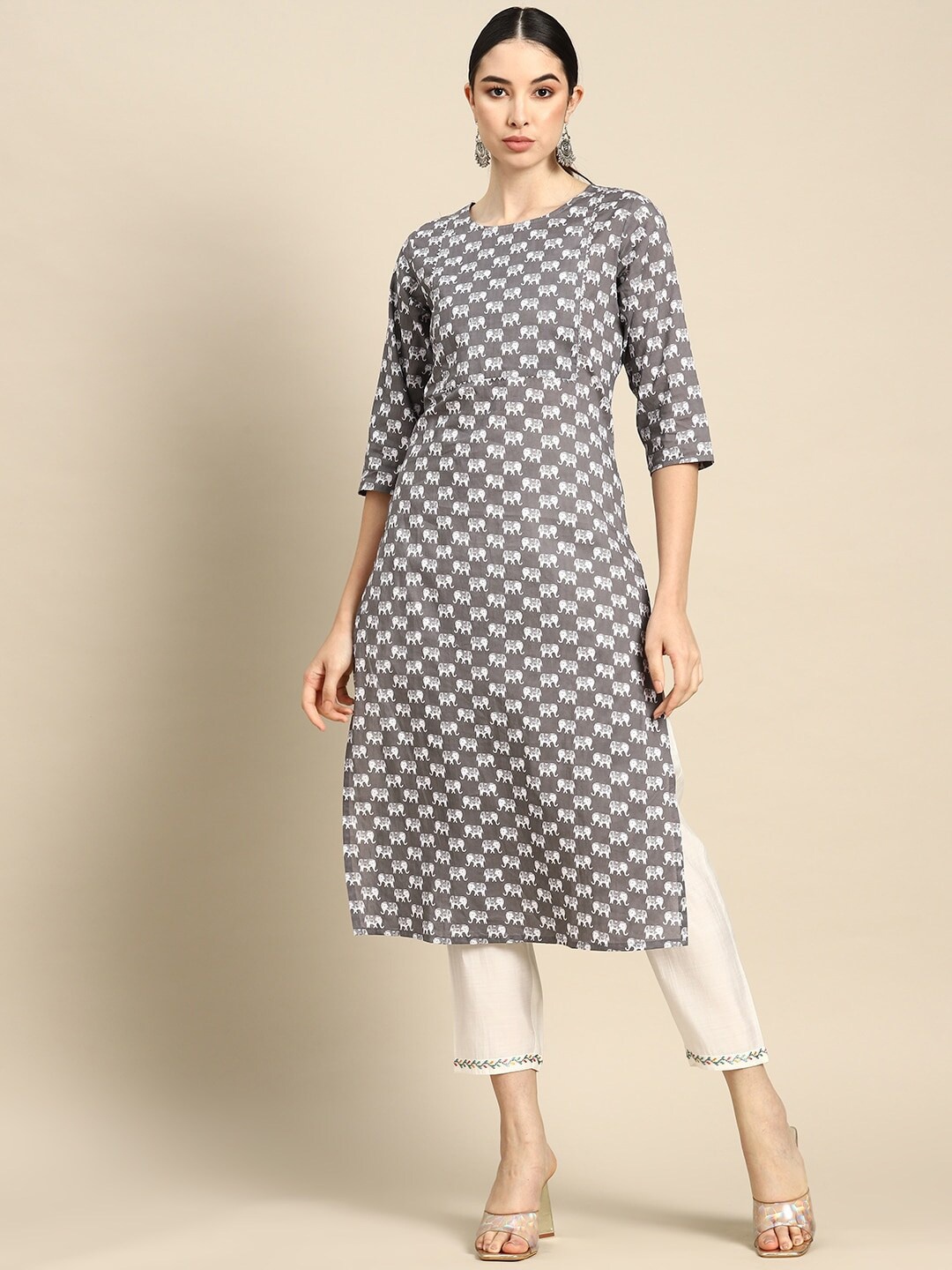 

Nayo Ethnic Motif Printed Round Neck Pure Cotton Straight Kurta, Grey