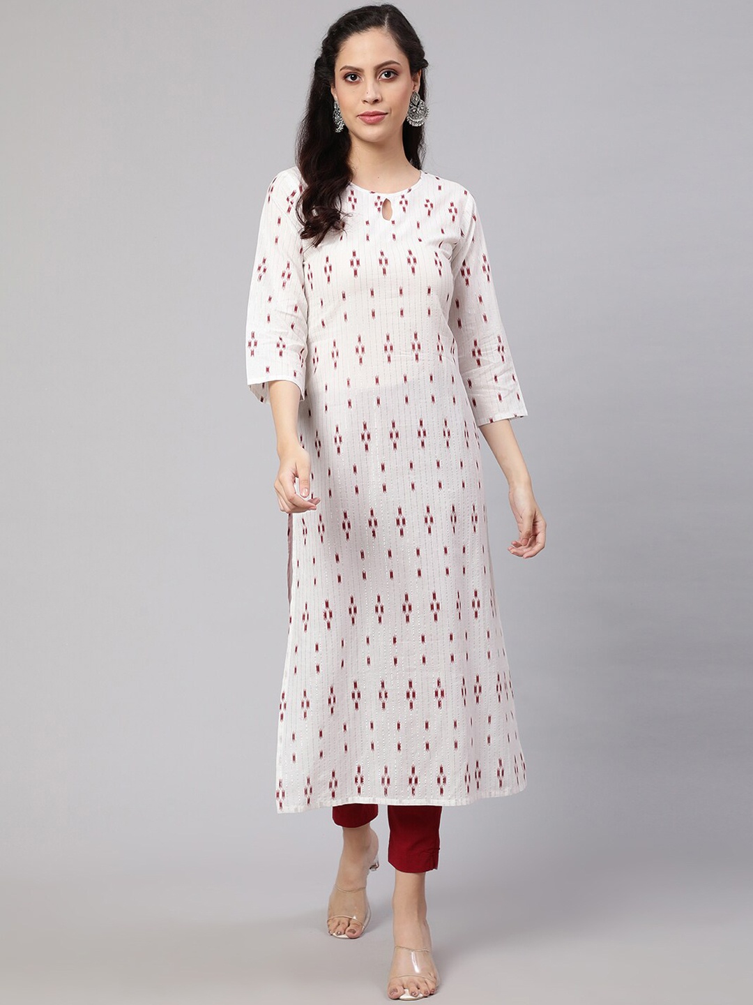 

Nayo Geometric Printed Keyhole Neck Pure Cotton Straight Kurta, Off white