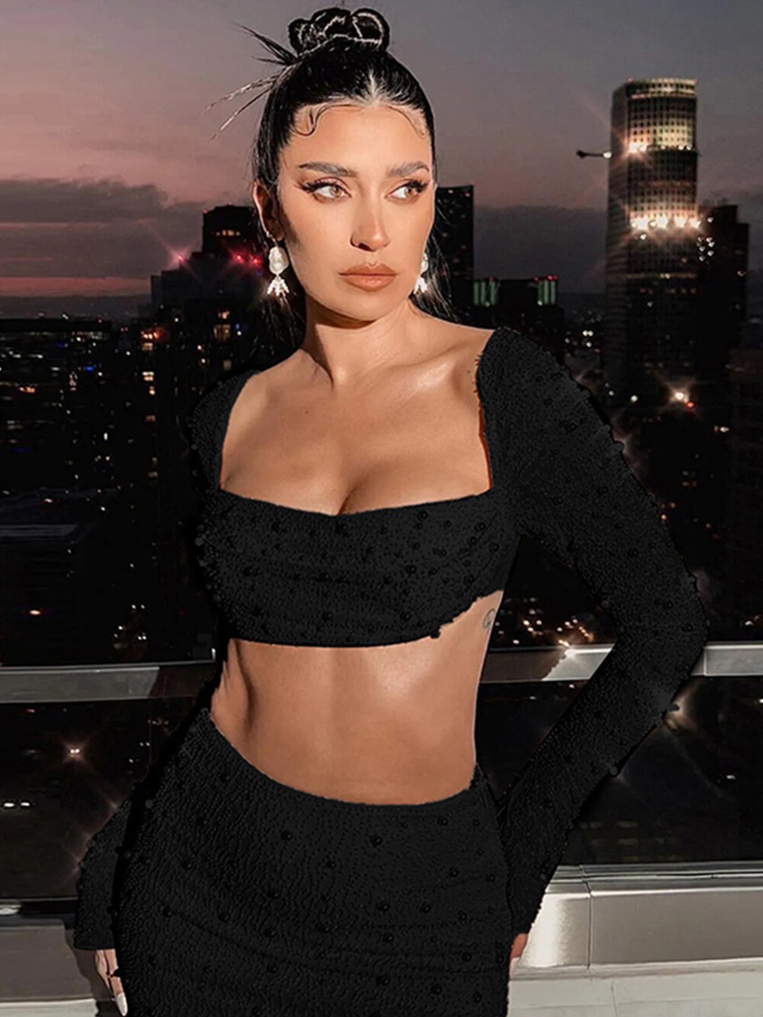 

StyleCast Black Square Neck Bell Sleeve Blouson Crop Top