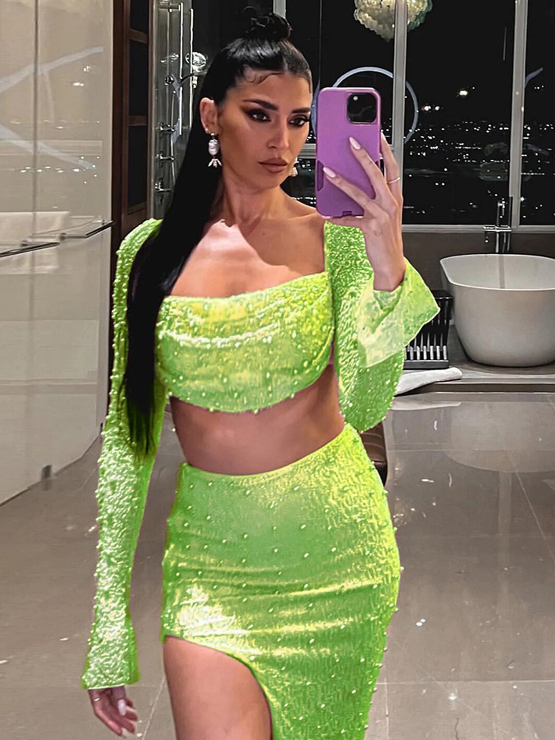 

StyleCast Green Embellished Square Neck Blouson Crop Top