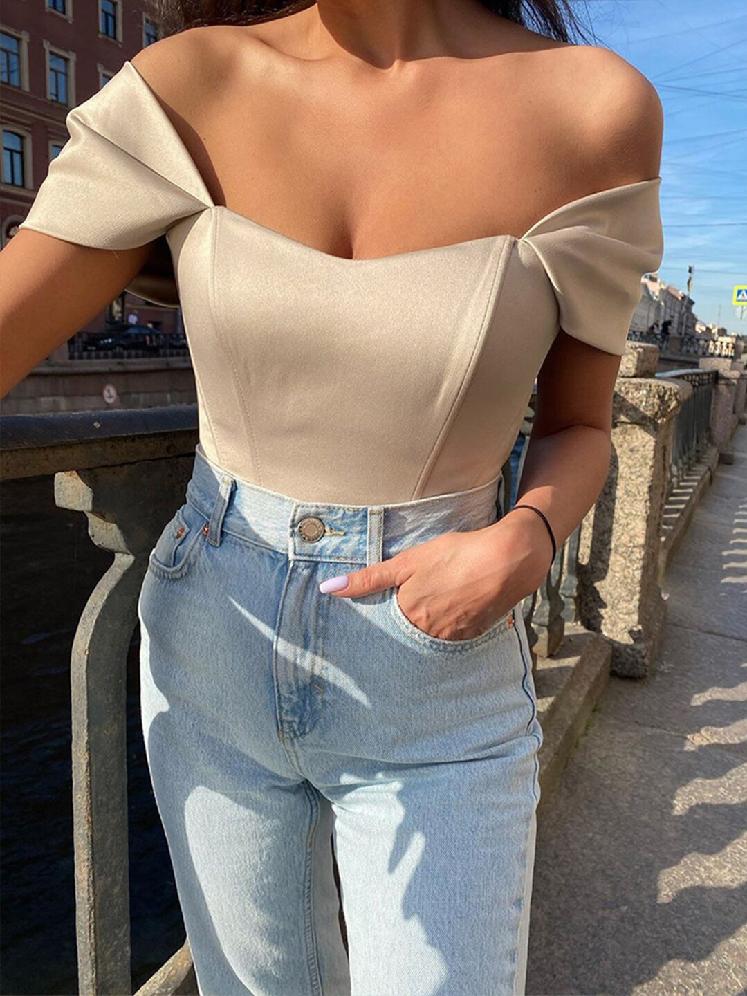 

StyleCast Off Shoulder Fitted Top, Cream