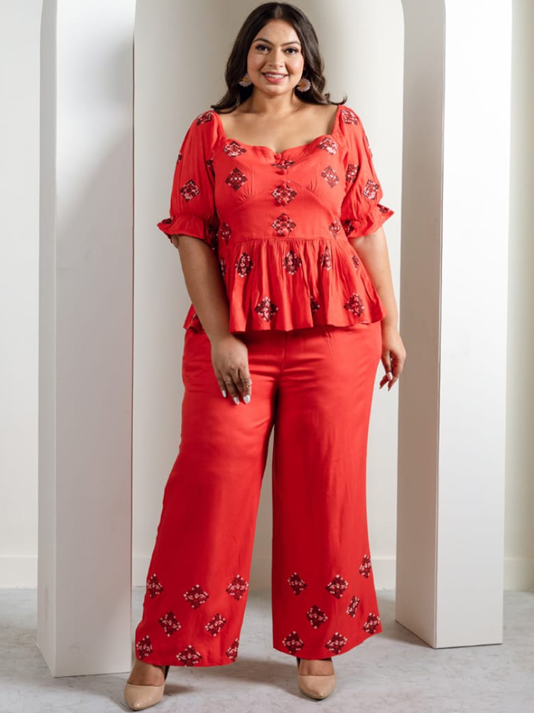

Aadews Rust Orange Printed Embroidered Top & Palazzo Set