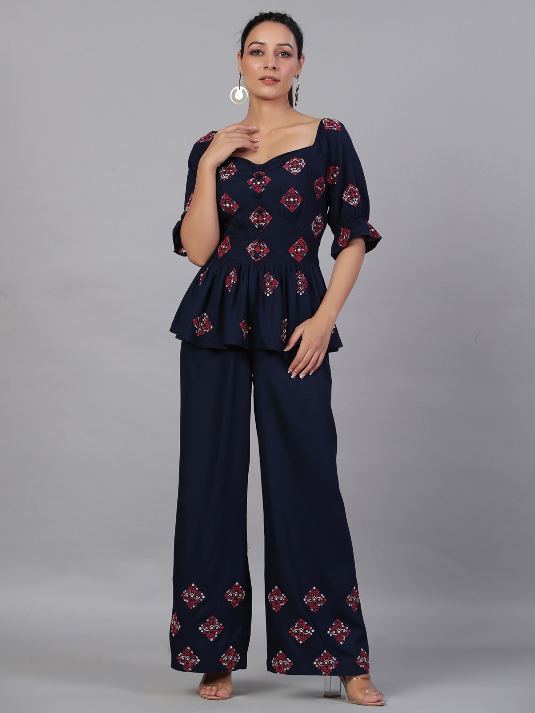 

Aadews Printed Top & Palazzo Co-Ord Set, Blue