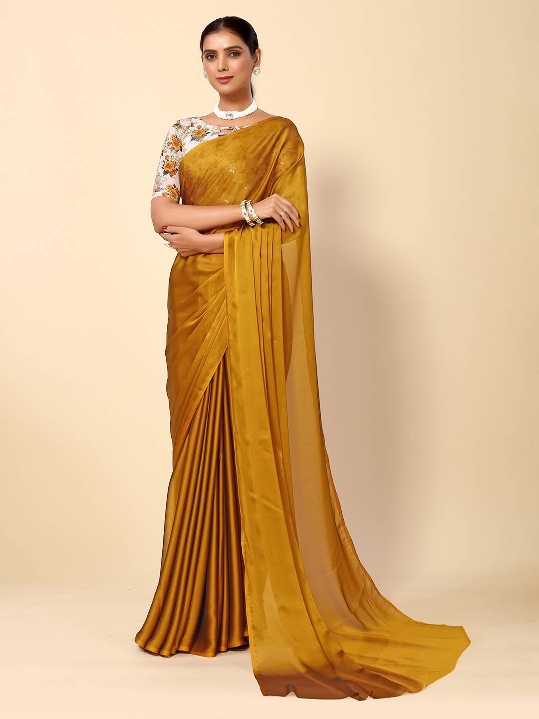 

HERE&NOW Poly Georgette Belted Saree, Mustard