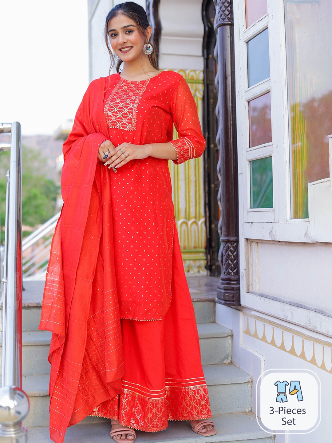 

misbis Ethnic Motifs Printed Gotta Patti Chanderi Cotton Kurta with Sharara & With, Red
