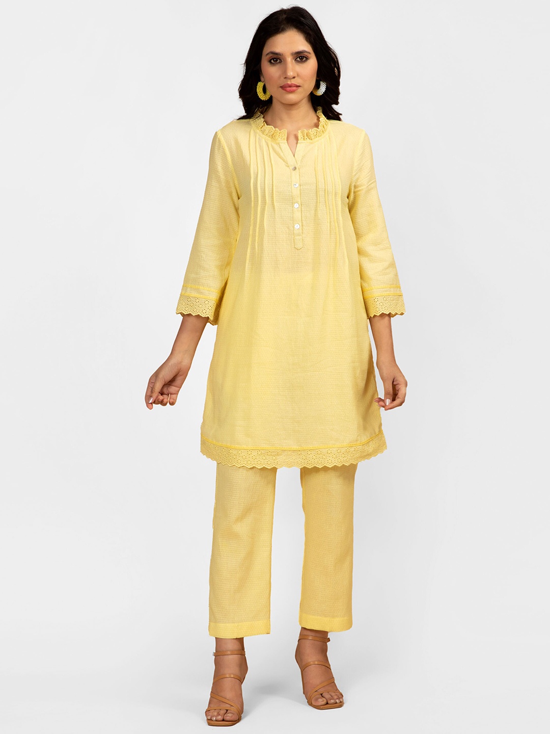 

TYAAR Pure Cotton Straight Kurta With Trousers, Yellow