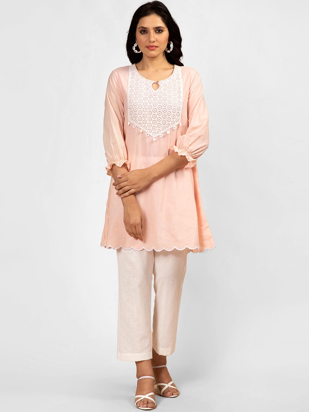 

TYAAR Ethnic Motifs Yoke Design Pure Cotton A Line Kurta With Trousers, Peach