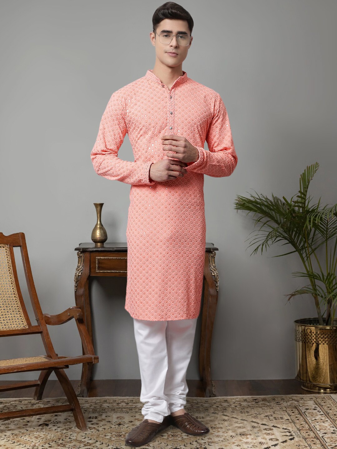 

Jompers Floral Embroidered Chikankari Pure Cotton Kurta with Churidar, Peach