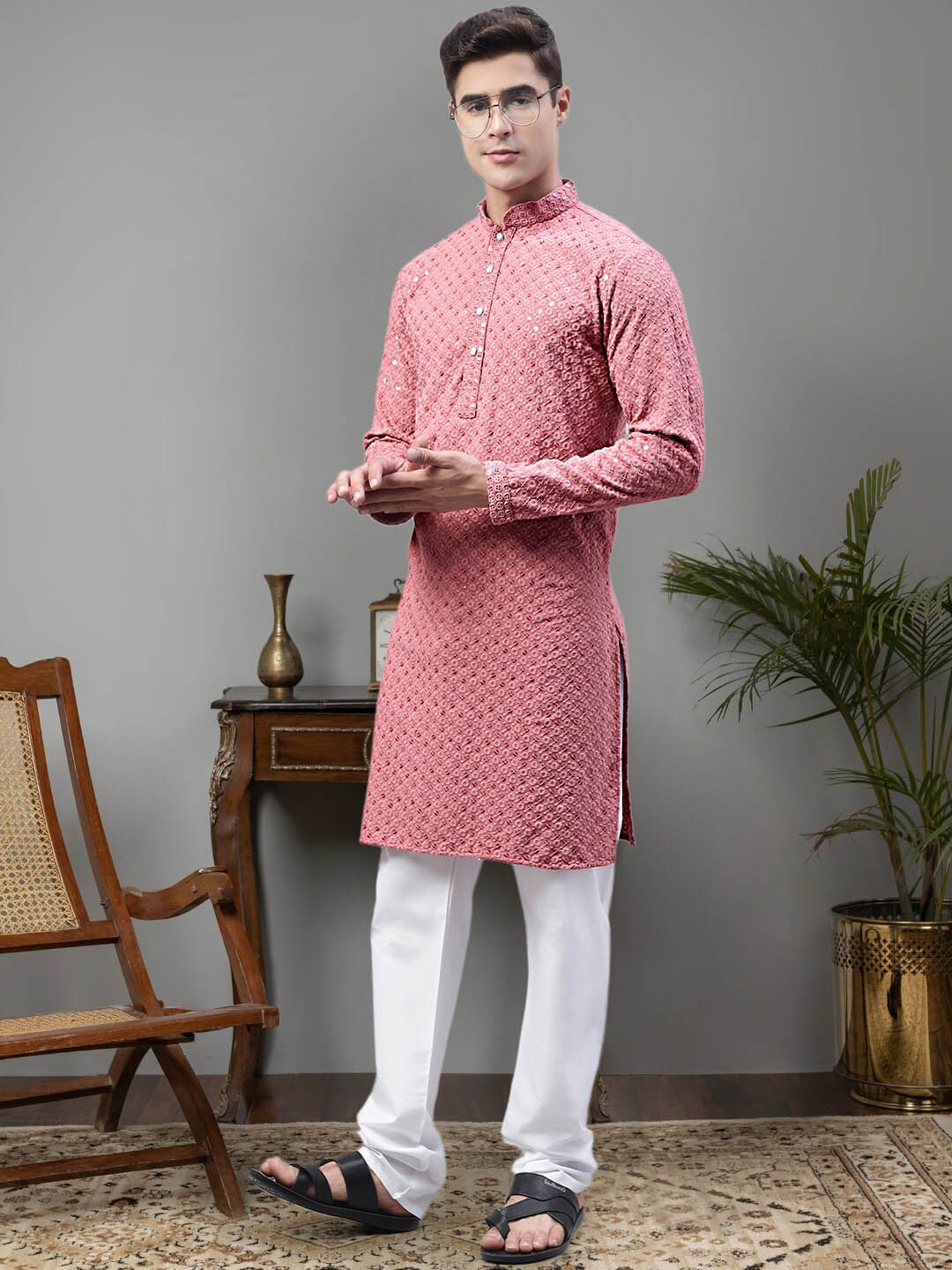 

Jompers Floral Embroidered Chikankari Pure Cotton Kurta with Churidar, Pink