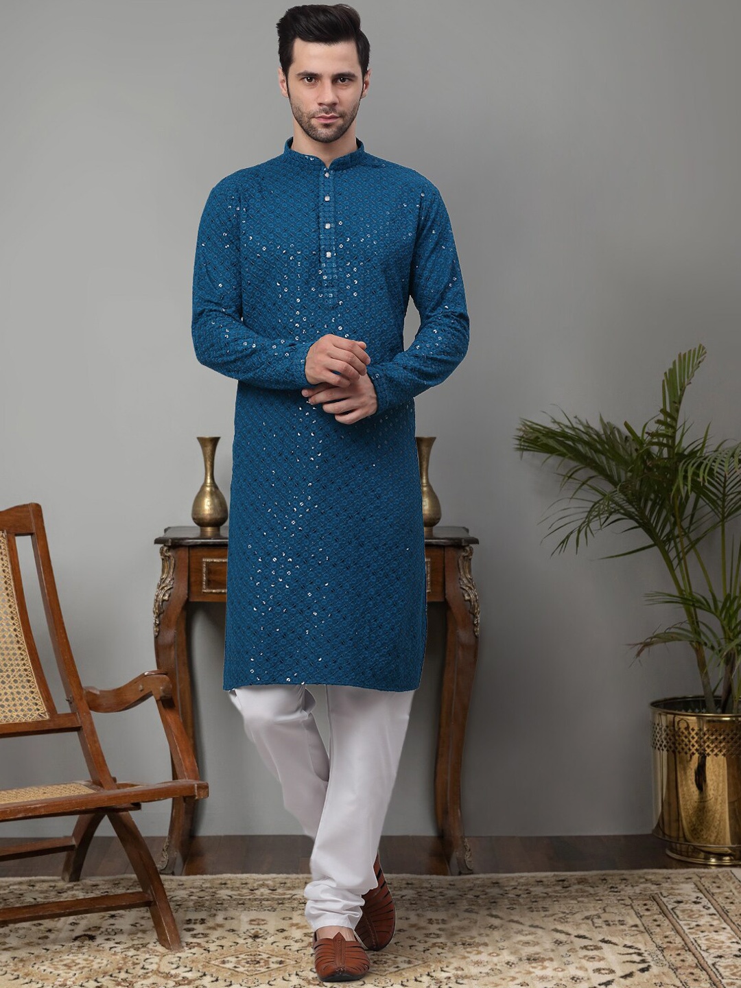 

Jompers Floral Embroidered Chikankari Pure Cotton Kurta with Churidar, Blue