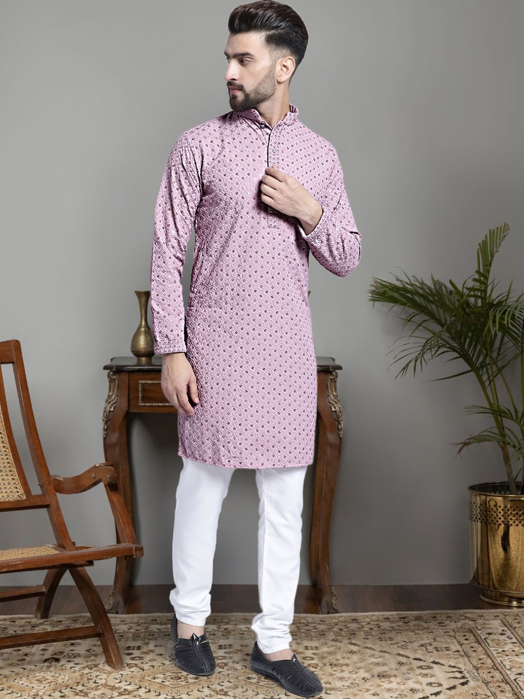 

Jompers Ethnic Motifs Embroidered Chikankari Sequinned Pure Cotton Kurta With Churidar, Purple