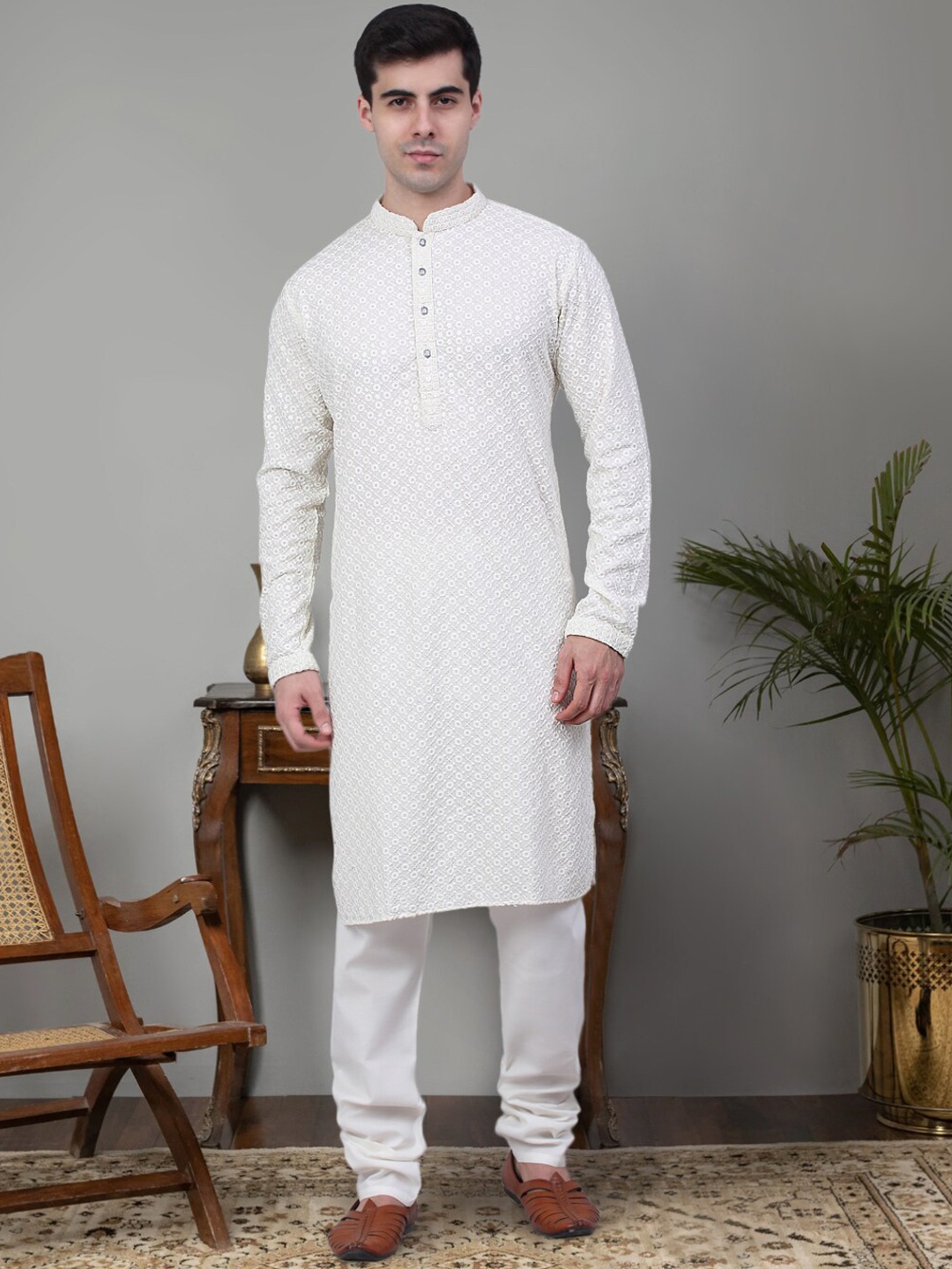 

Jompers Ethnic Motifs Chikankari Embroidered Sequinned Pure Cotton Kurta With Churidar, White