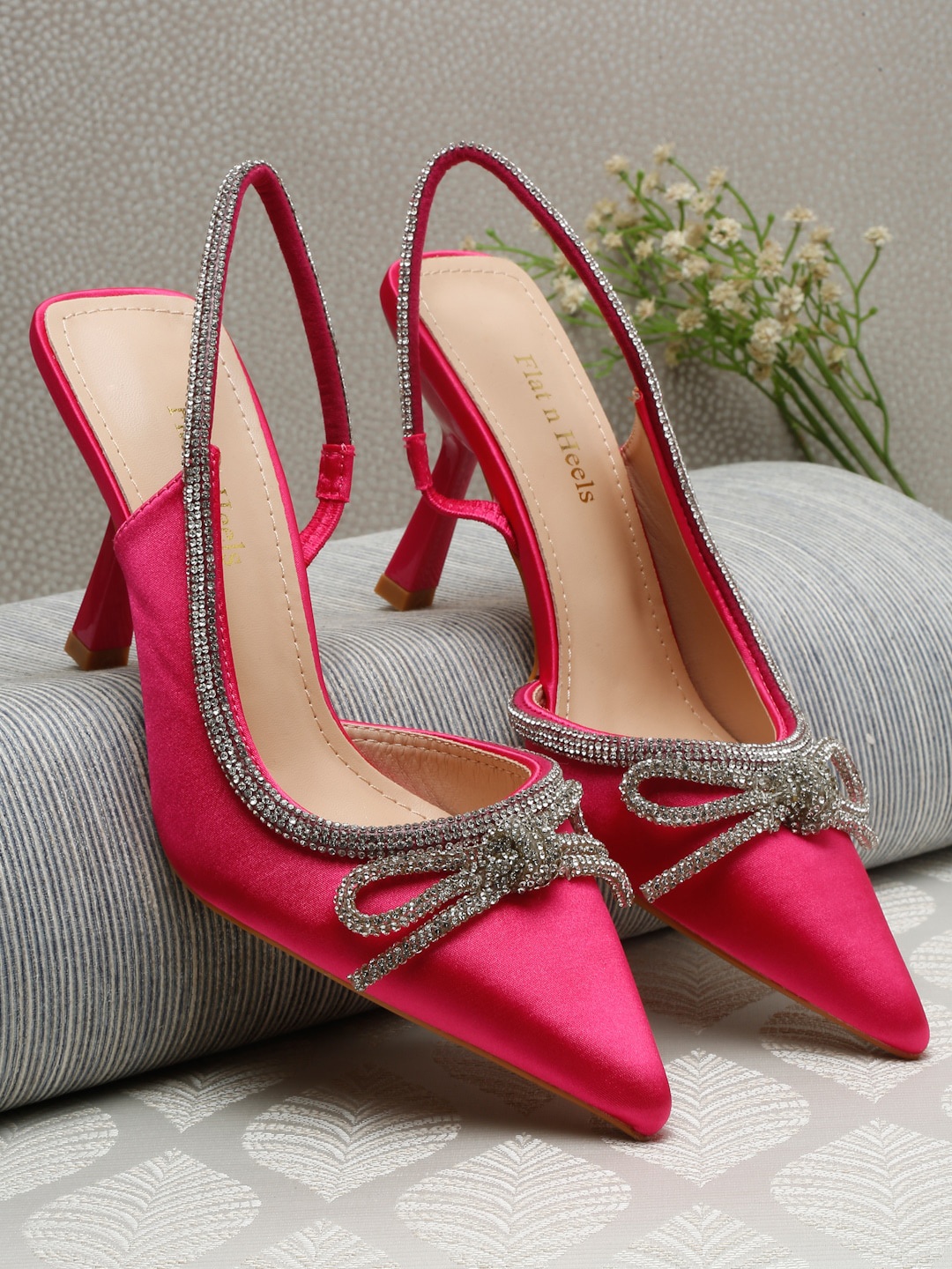 

Flat n Heels Embellished Slingback Pointed Toe Slim Heels, Fuchsia