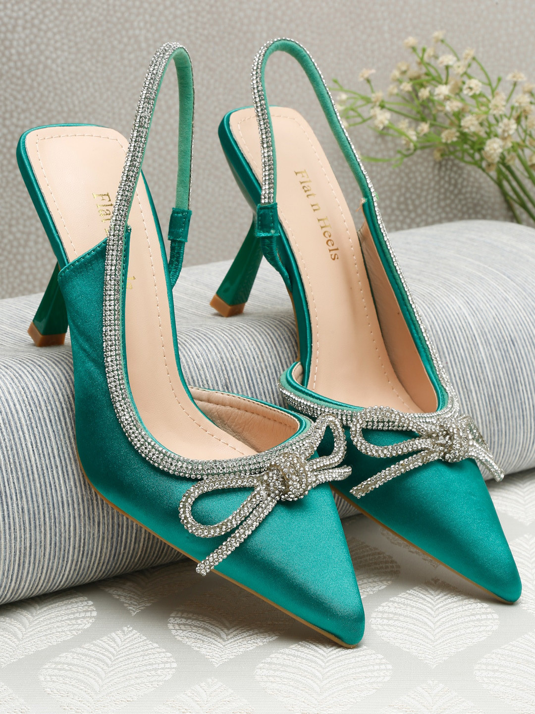 

Flat n Heels Pointed Toe Embellished Party Slim Mules With Backstrap & Bows, Green