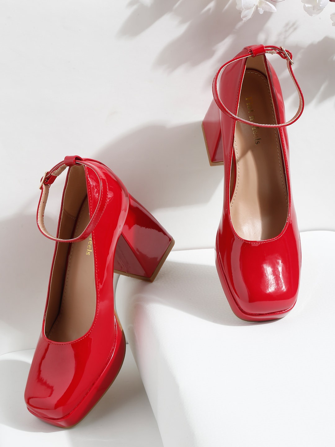 

Flat n Heels Square Toe Block Pumps With Ankle Loop, Red