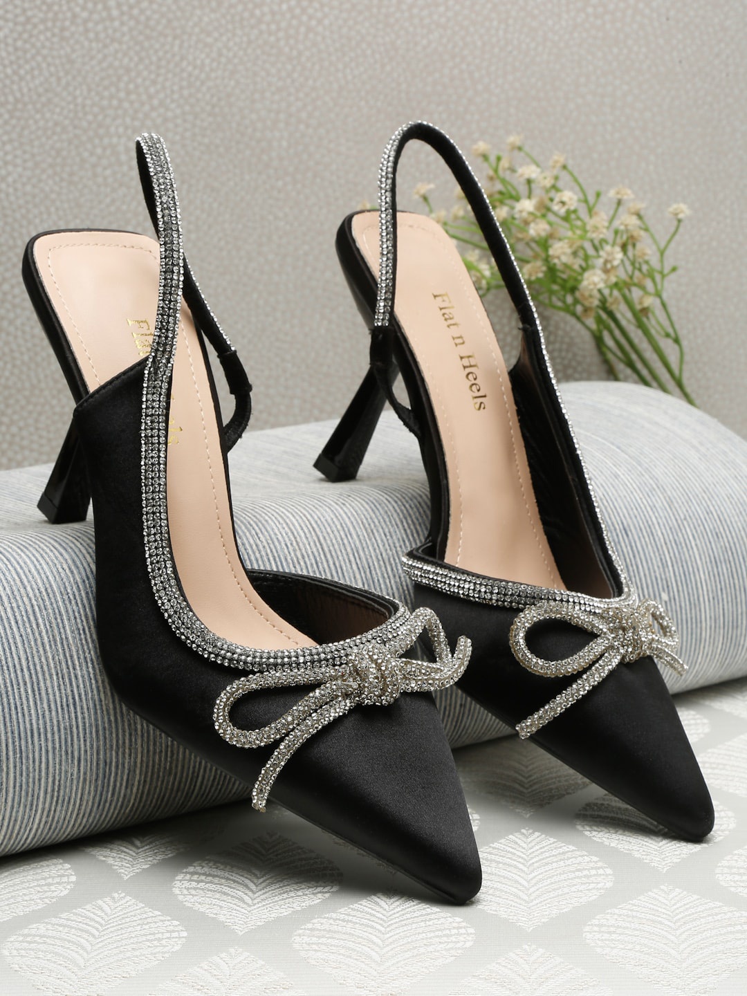 

Flat n Heels Pointed Toe Embellished Stiletto Pumps With Backstrap, Black