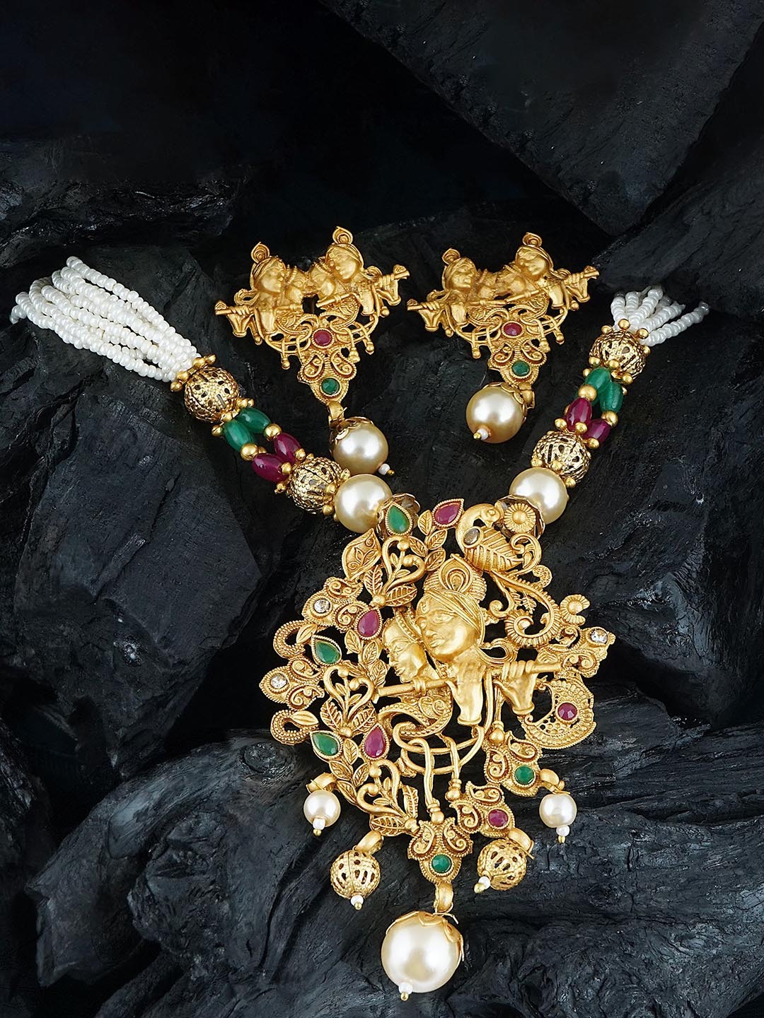 

MANSIYAORANGE Gold-Plated Stone Studded & Beaded Necklace With Earrings Jewellery Set