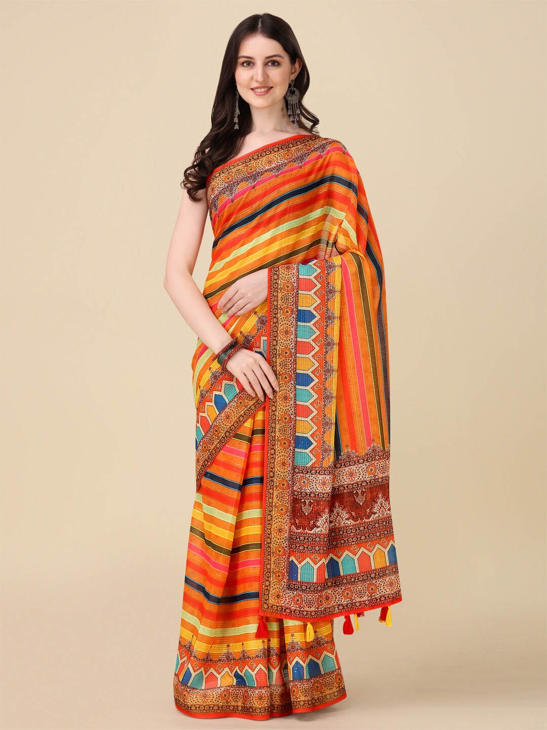 

Kaizen TEXO FAB Striped Sequinned Tussar Saree, Orange