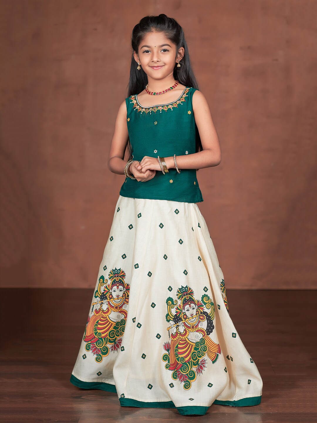 

Maybell Girls Embroidered Mirror Work Ready to Wear Lehenga & Choli, Green