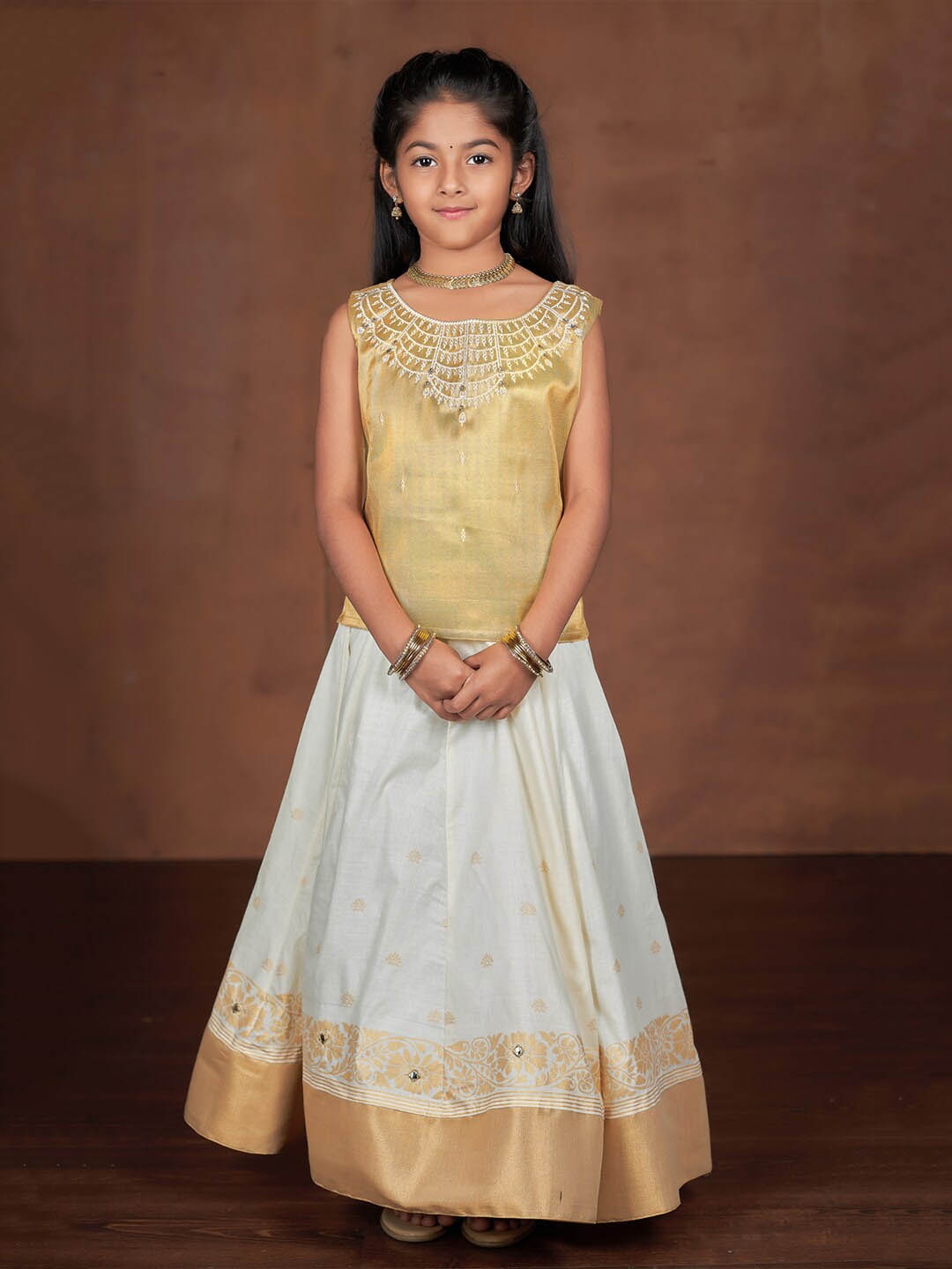 

Maybell Girls Embroidered Beads And Stones Ready to Wear Lehenga & Choli, Gold