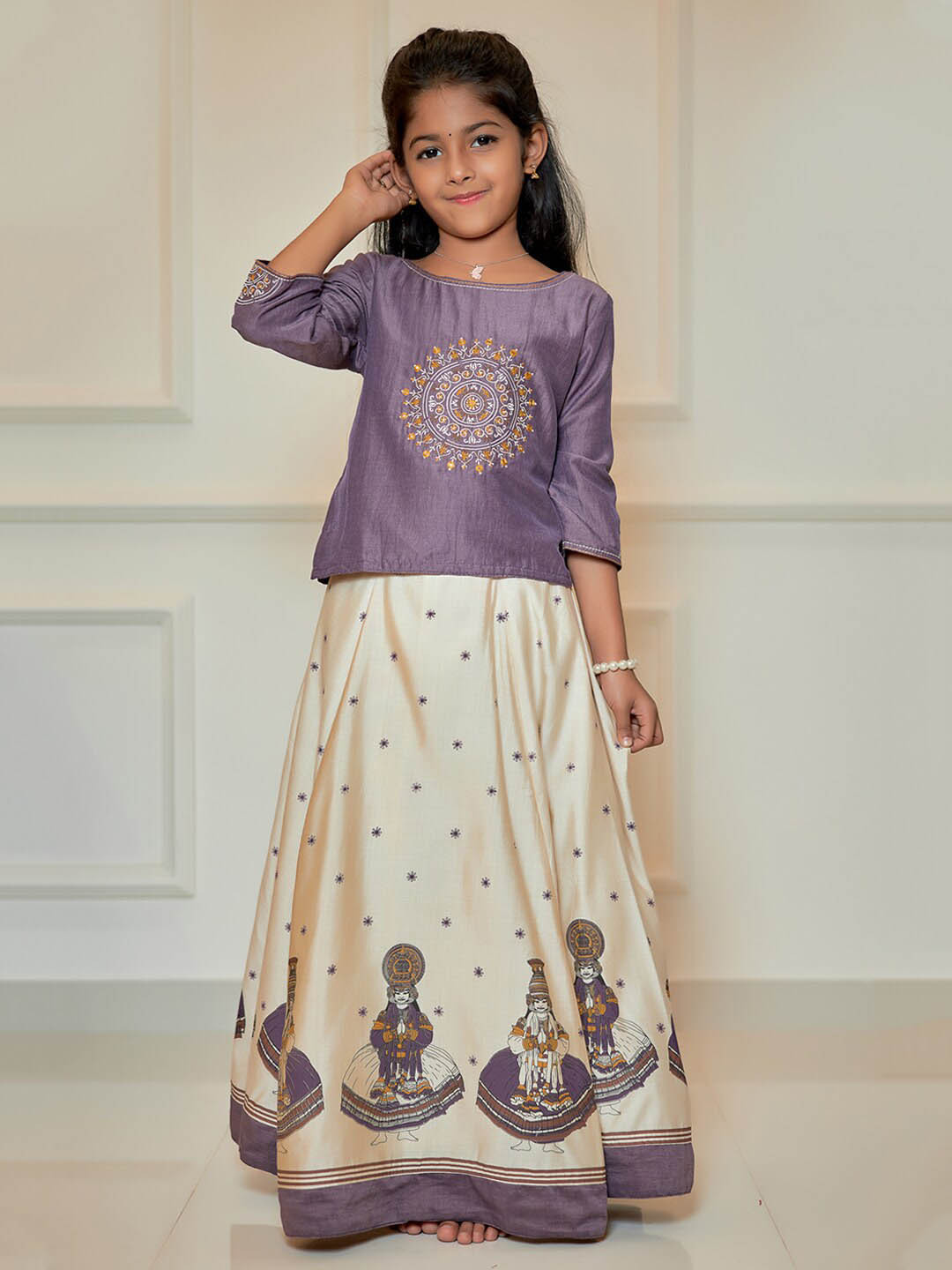 

Maybell Girls Embroidered Mirror Work Ready To Wear Lehenga & Choli, Purple