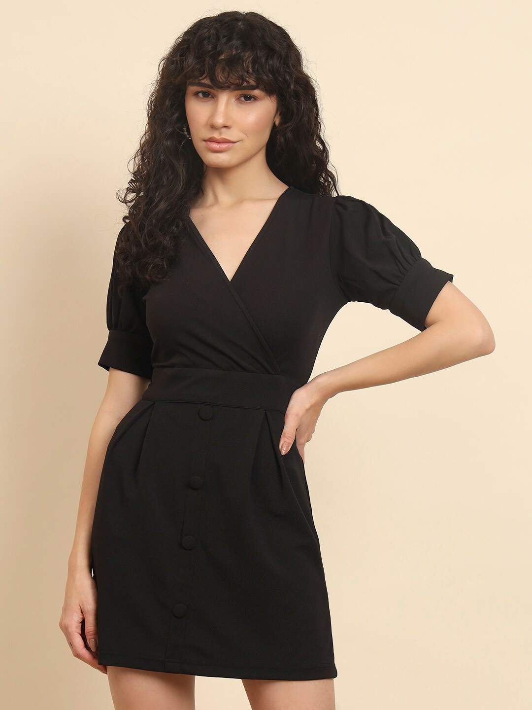 

Trend Arrest V-Neck Puff Sleeves A-Line Dress, Black