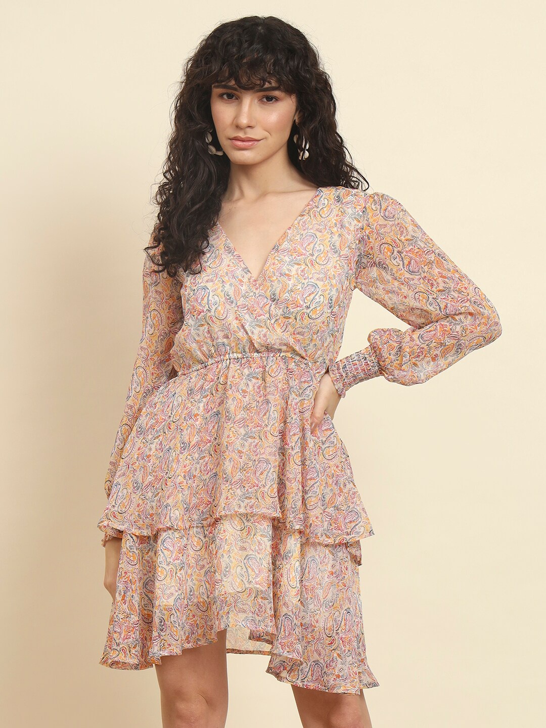 

Trend Arrest Floral Printed V-Neck Puff Sleeves Georgette Fit and Flare Dress, Beige