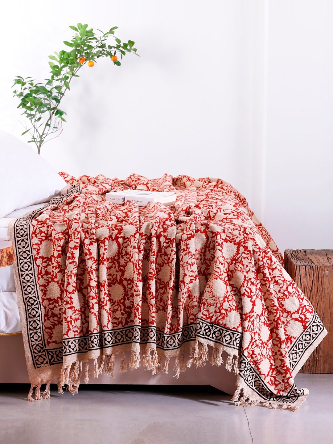 

HANDICRAFT PALACE Beige & Maroon Printed Cotton King Size Bed Throw