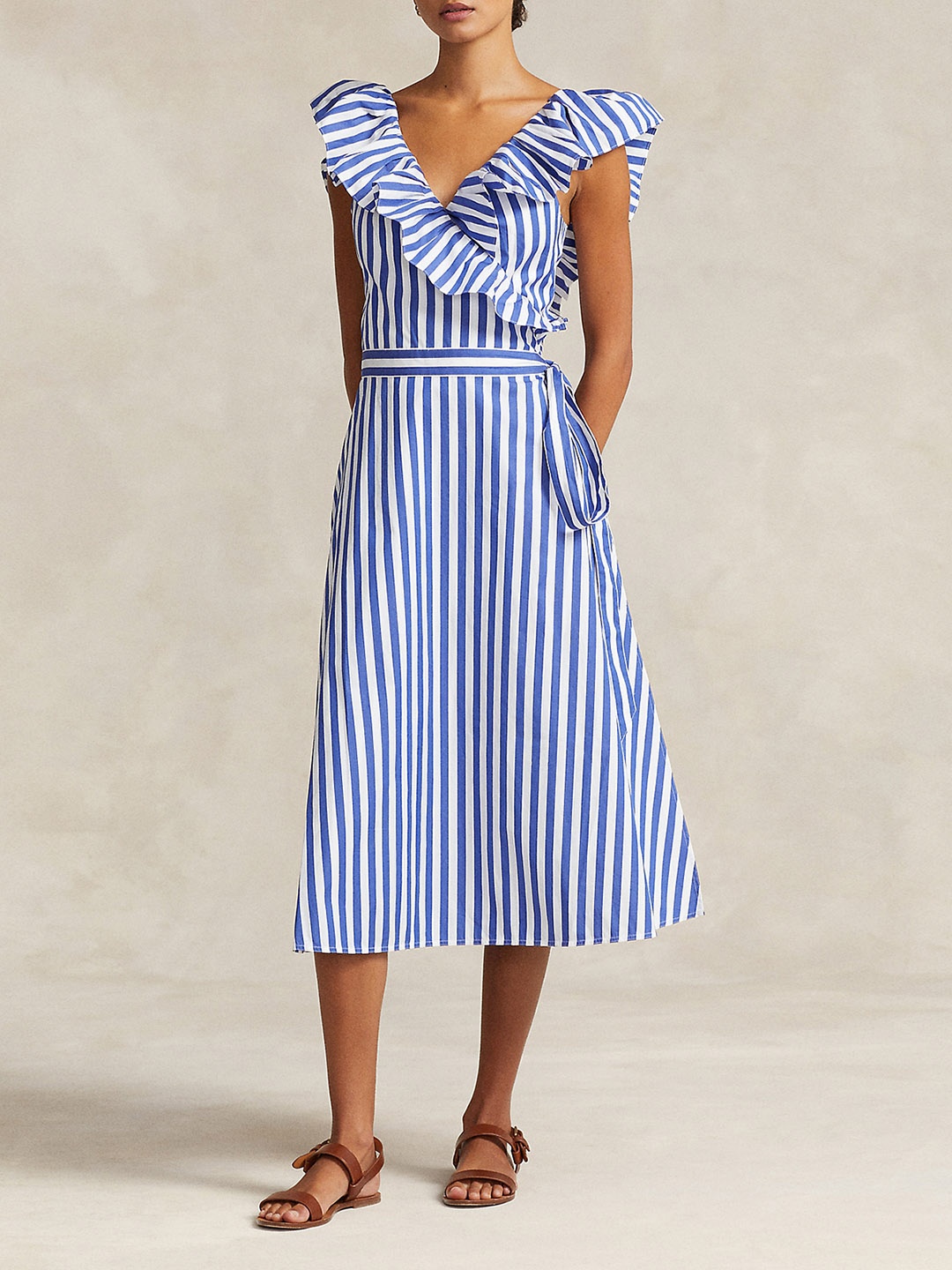 

Polo Ralph Lauren Printed Flared Cotton Midi Wrap Dress, Blue