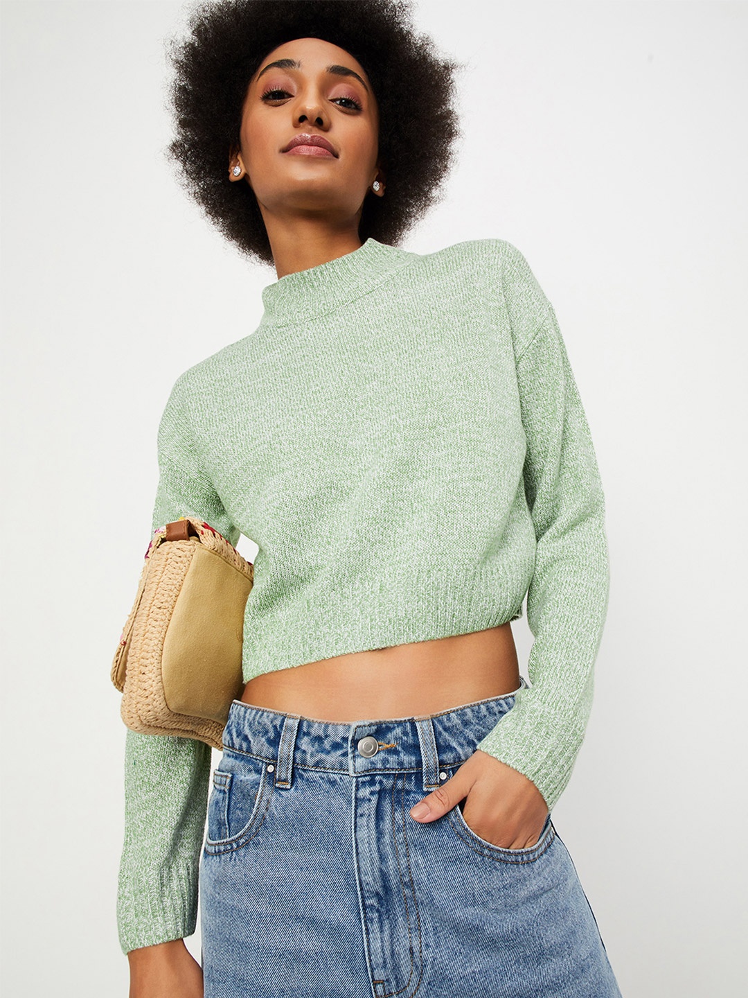 

max High Neck Cable Knit Acrylic Crop Pullover, Green
