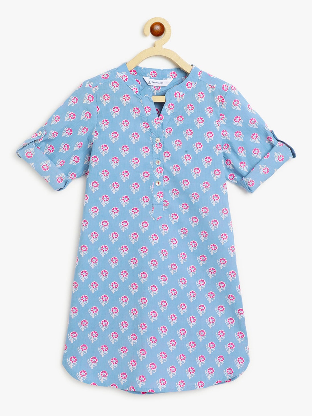 

Campana Girls Floral Printed Mandarin Roll-Up Sleeves Collar Pure Cotton Kurta, Grey