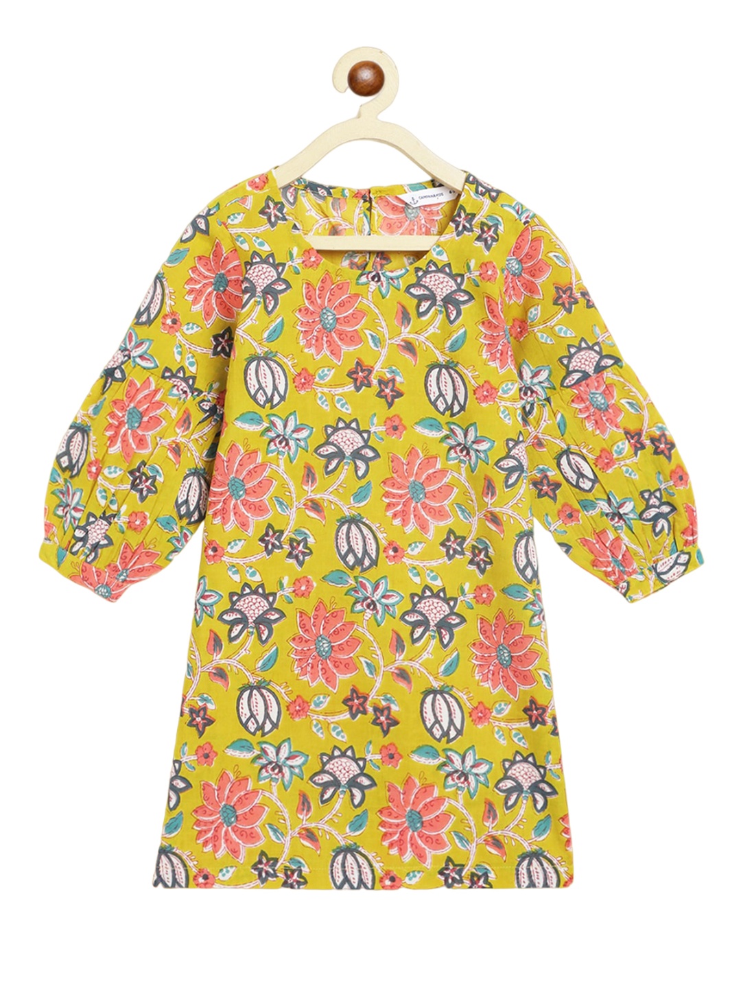 

Campana Girls Floral Printed Puff Sleeves Pure Cotton Kurta, Lime green