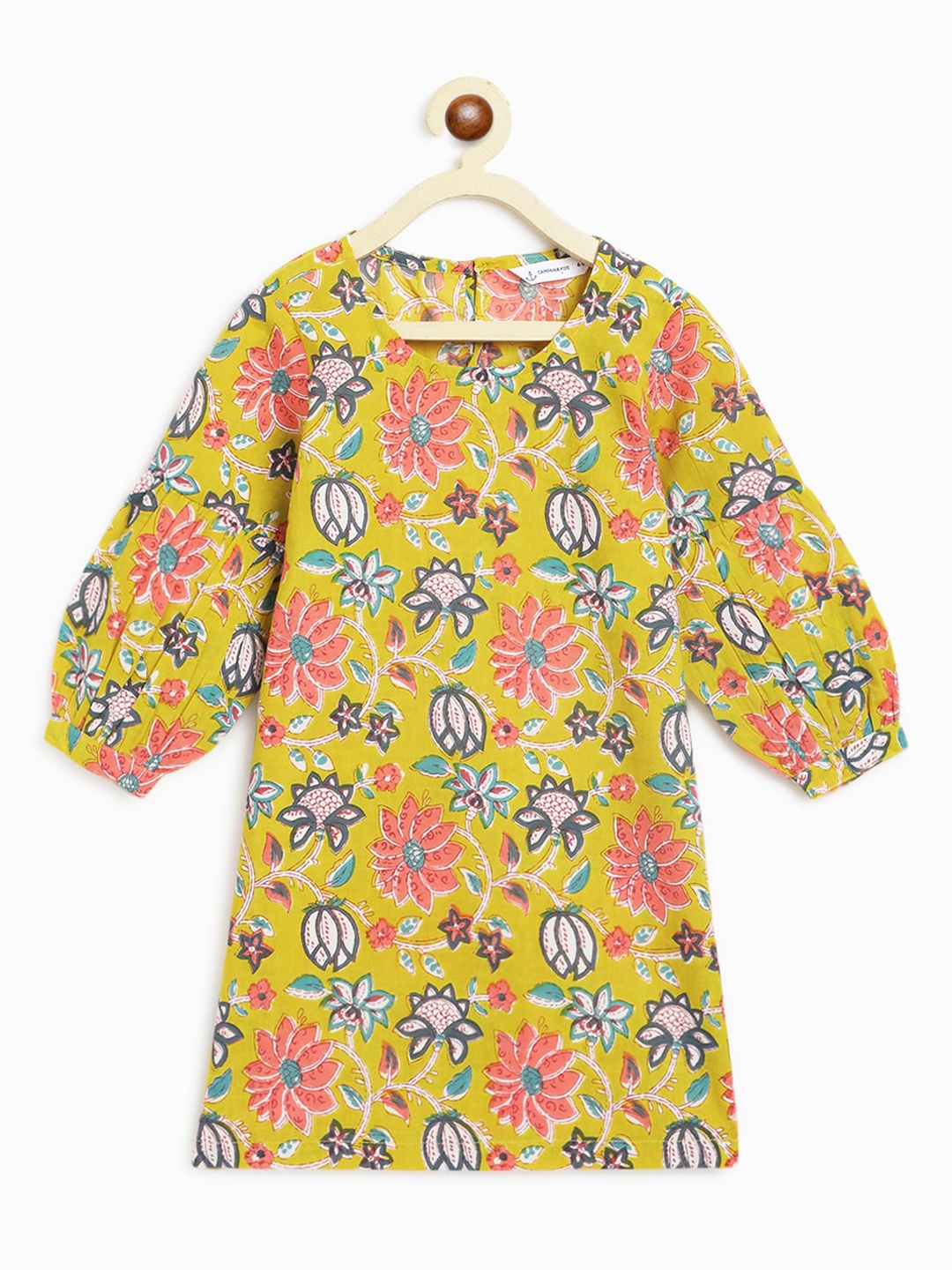 

Campana Girls Floral Printed Puff Sleeves Pure Cotton Kurta, Lime green