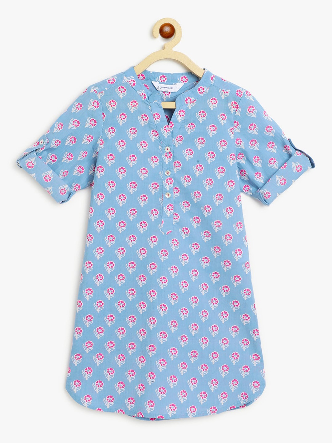

Campana Girls Floral Printed Mandarin Roll-Up Sleeves Collar Pure Cotton Kurta, Blue