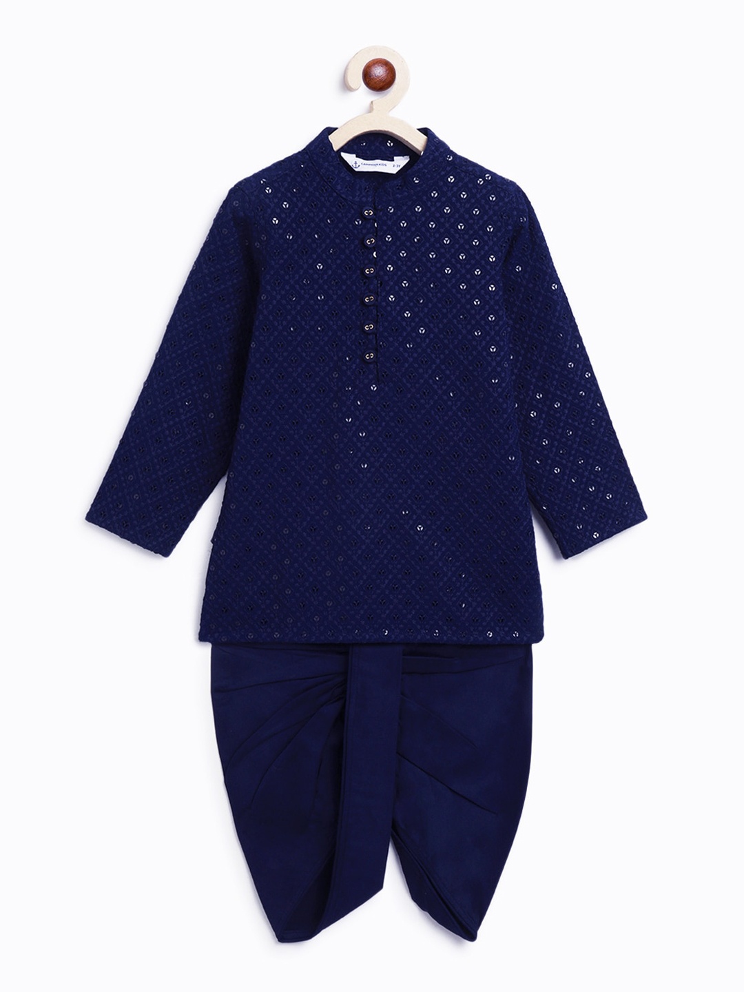 

Campana Boys Embroidered Regular Sequinned Kurta with Dhoti Pants, Navy blue