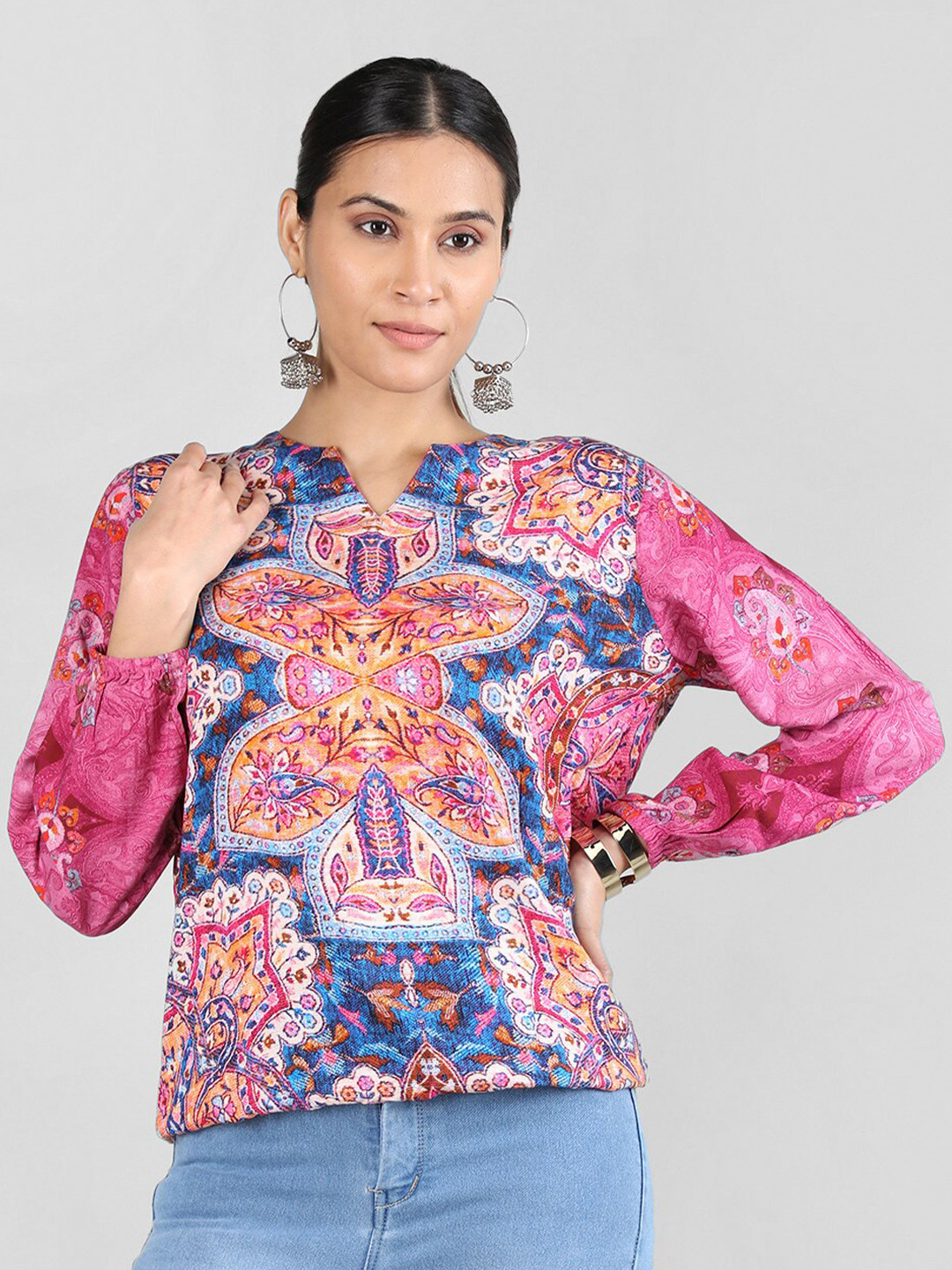 

Rage Floral Printed Mandarin Collar Top, Pink