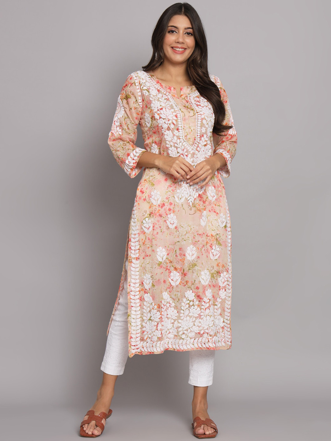 

PARAMOUNT CHIKAN Women Embroidered Chikankari Cotton Mulmul Straight Kurta, Coral