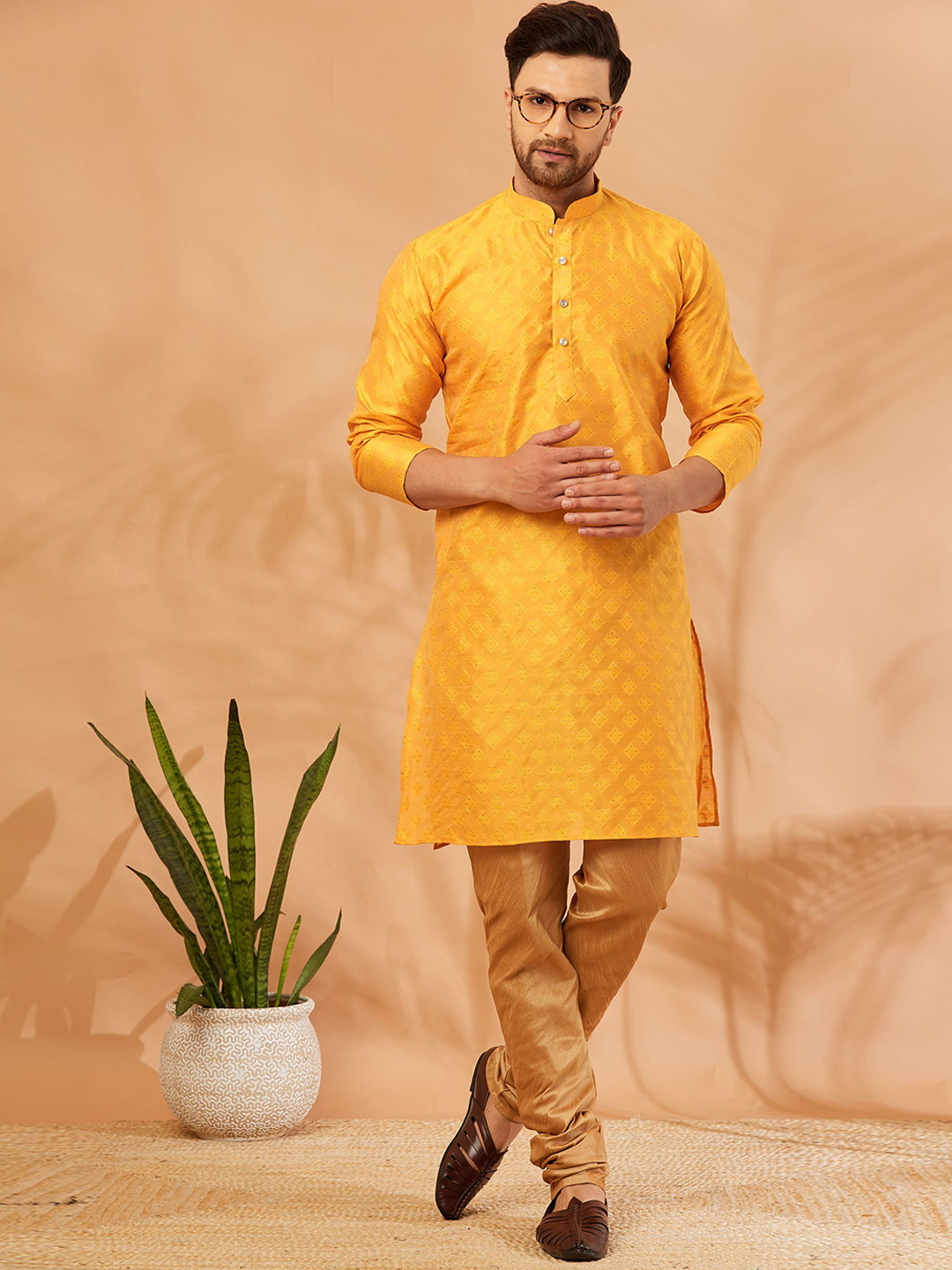 

Armaan Ethnic Ethnic Motifs Woven Design Kurta With Churidar, Yellow