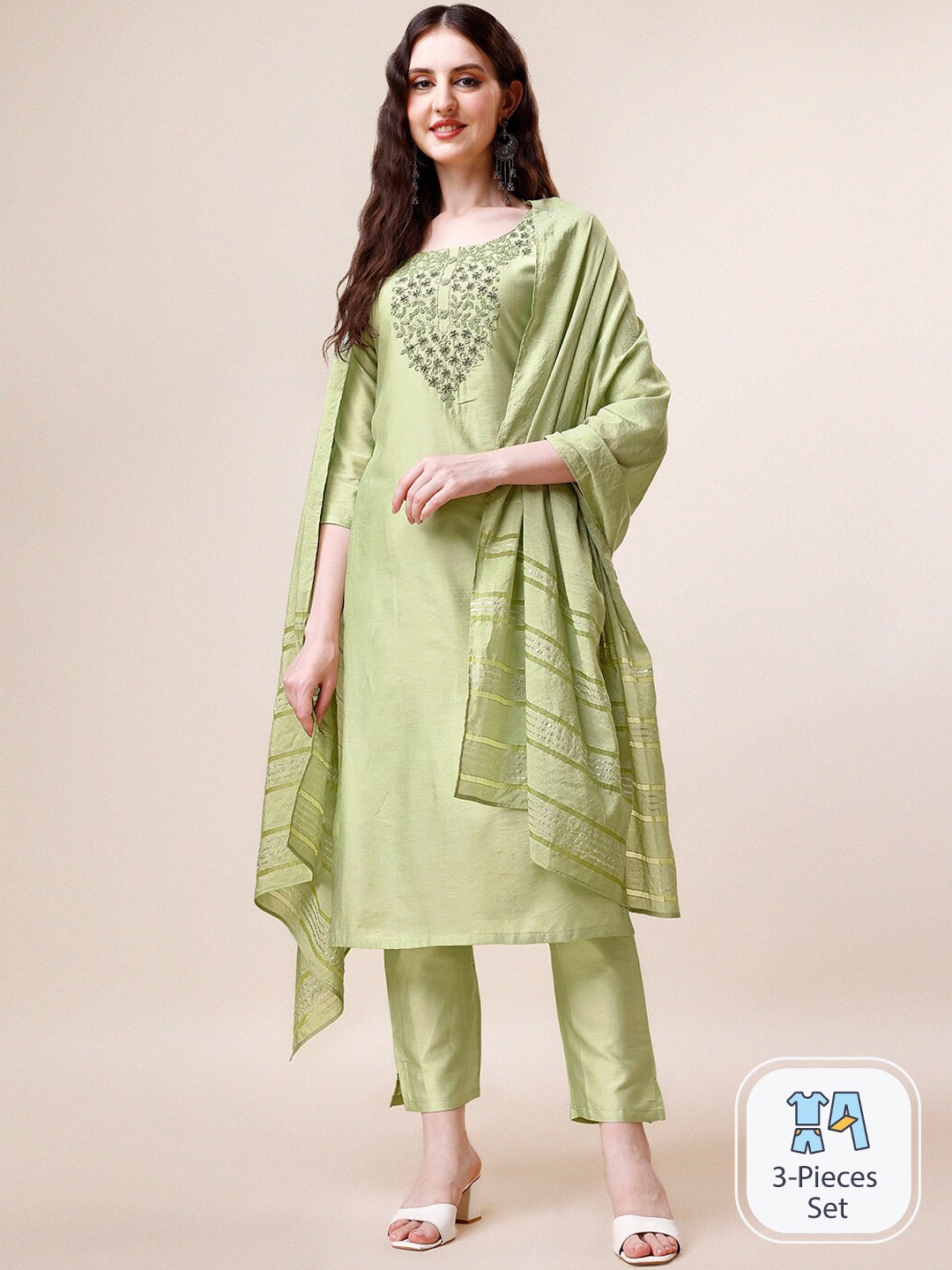 

Berrylicious Floral Embroidered Regular Thread Work Kurta & Trousers With Dupatta, Green