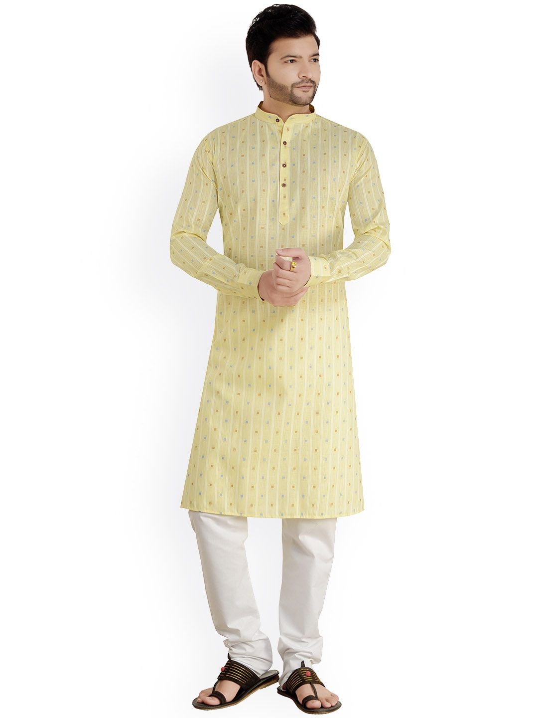 

ARRUGA Geometric Woven Design Band Collar Straight Kurta with Churidar, Yellow
