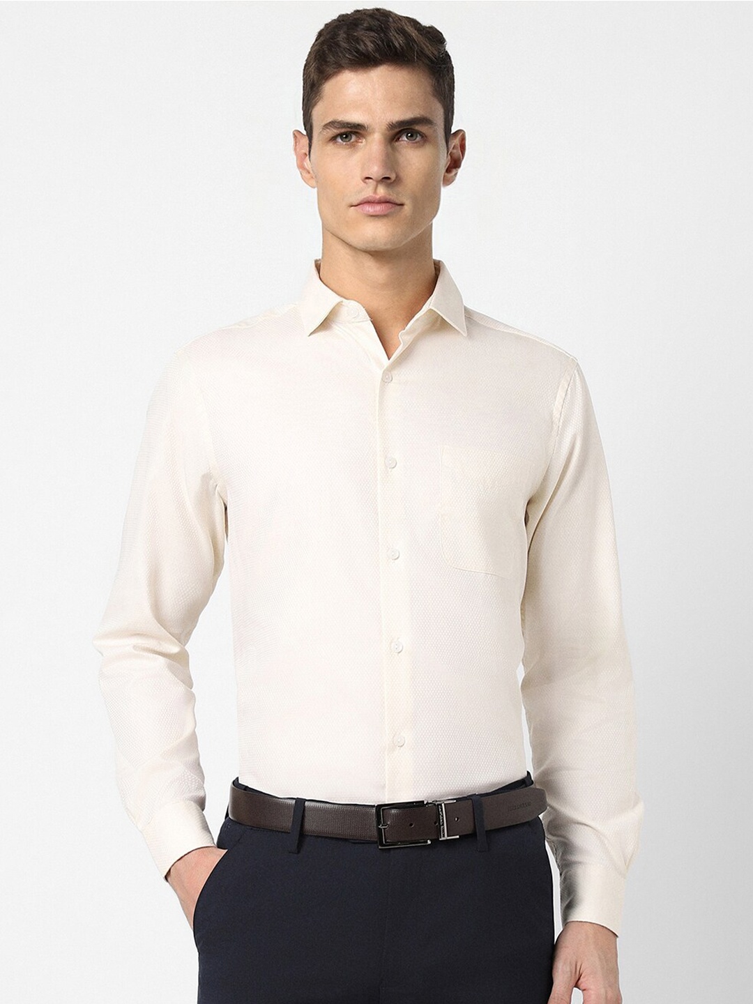 

Peter England Elite Textured Self Design Spread Collar Pure Cotton Formal Shirt, Beige
